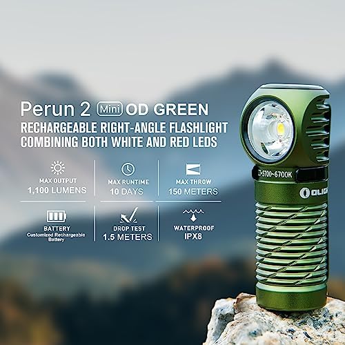 OLIGHT Perun 2 Mini Headlamp Rechargeable, 1100 Lumens, Red Light, OD Green - Image 2