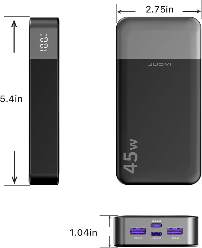 JUOVI J2621 Power Bank Portable Charger 20000mAh 45W, PD3.0 QC 4.0 Fast Charging Battery Pack with LED Display,2 USB-C,2 USB-A for iPhone 15 16, MacBook - Image 8