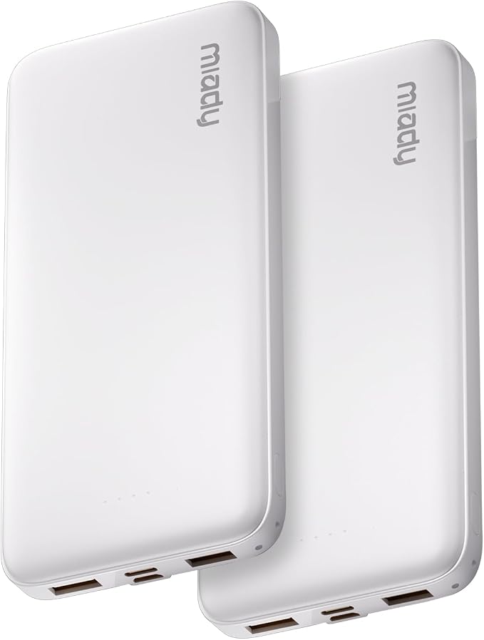 Miady 2-Pack Portable Charger, Slim 10000mAh Power Bank Travel Battery Pack 3 Outputs 2 Inputs Compatible with iPhone 17/16/15/14/13 Galaxy S24/22 iPad Android etc (2 White) by Miady