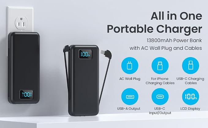 Portable Charger for iPhone with Built in Cables & Wall Plug,10800mah Travel Essentials Power Bank,4 Output LCD Display External Battery Pack Phone Charger for iPhone 17/16/15/14,Galaxy,Android etc - Image 8
