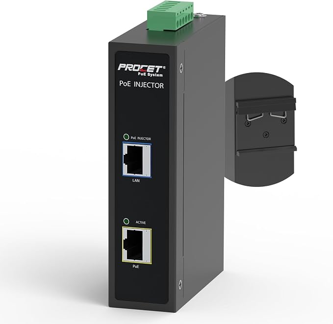 PROCET 10 Gbps PoE+ Gigabit Injector Din Rail, 30W Industrial Boost PoE Adapter by PROCETPOESystem