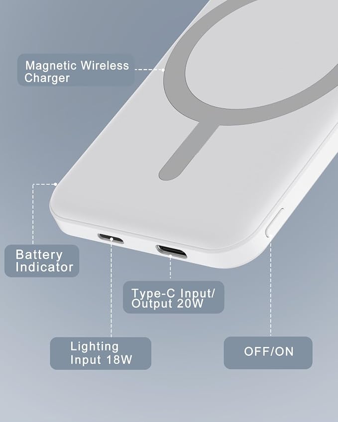 podoru for Magsafe Battery Pack, 5000mAh Magnetic Power Bank with Type-C Cable 20W PD Fast Charging Lighting Input Wireless Portable Charger for iPhone 17/16/15/14/13/12/ All Series-Snow White - Image 6