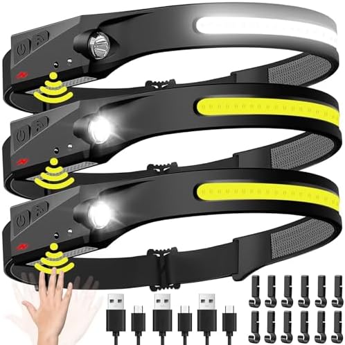 Headlamp Rechargeable 3PCS, 230° Wide Beam Head Lamp LED with Motion Sensor for Adults - Camping Accessories Gear, Waterproof Head Light Flashlight for Hiking, Running, Repairing, Fishing, Cycling by BIAT