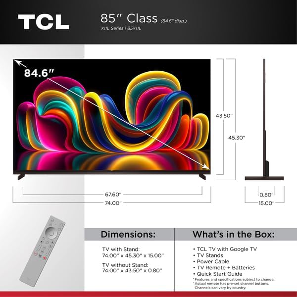 TCL 85 Inch Class X11L | SQD-Mini LED | 85X11L, 2026 Model | 144HZ Ultimate Brightness & Contrast Dolby Vision | Up to LD20K Precise Dimming | Gemini AI Smart Google TV | Dolby Atmos Bang & Olufsen - Image 2