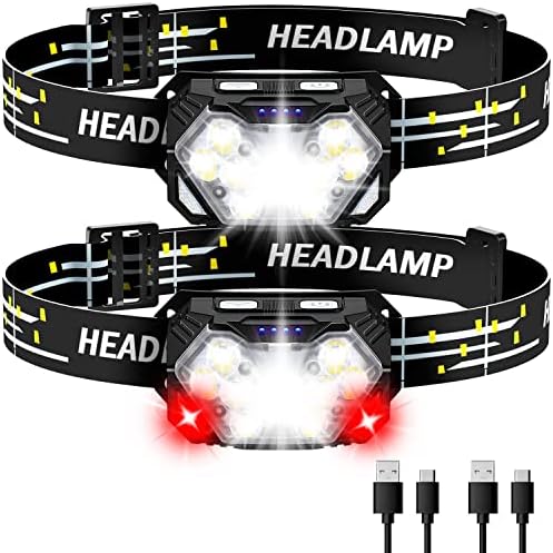 2000LM Ultra Bright 9 LED Headlamp, 2 Pack USB C Rechargeable Headlights, 10 Modes, Motion Sensor, Waterproof Head Lamp Flashlight with Red Light, Adjustable Headband for Adults Camping by Eirnvop