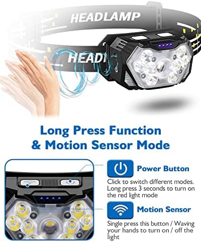 2000LM Ultra Bright 9 LED Headlamp, 2 Pack USB C Rechargeable Headlights, 10 Modes, Motion Sensor, Waterproof Head Lamp Flashlight with Red Light, Adjustable Headband for Adults Camping - Image 4