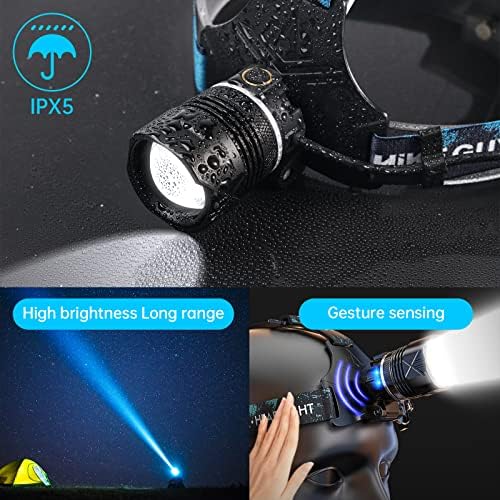 LED Rechargeable Headlamp, Headlight 1500 Lumens Super Bright with 6 Modes & IPX5 Warning Light, Motion Sensor Adjustable Headband Head Lamp, 60° Adjustable for Adult Outdoor Camping Running Cycling - Image 6