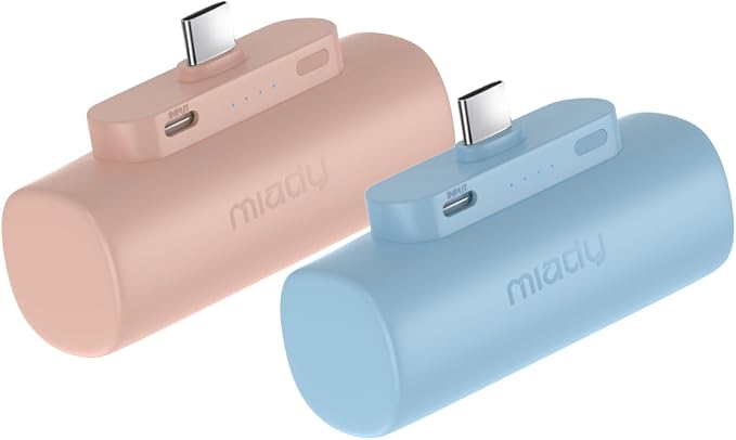Miady 2-Pack 5000mAh Mini Portable Charger with Built-in Type C Connector, 5V 2.4A USB-C Output Fast Charging Small Power Bank Compatible with iPhone 17/16 Galaxy S24/S22 (Cream Blue+Champagne Pink) by Miady