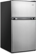 COSTWAY 3.2 Cu.Ft. Mini Fridge with Freezer, 2 Door for Office Bedroom Dorm | Compact Small Refrigerator with Reversible 2 Door, Adjustable Thermostat, Removable Glass Shelves for Food & Drink, Silver by COSTWAY