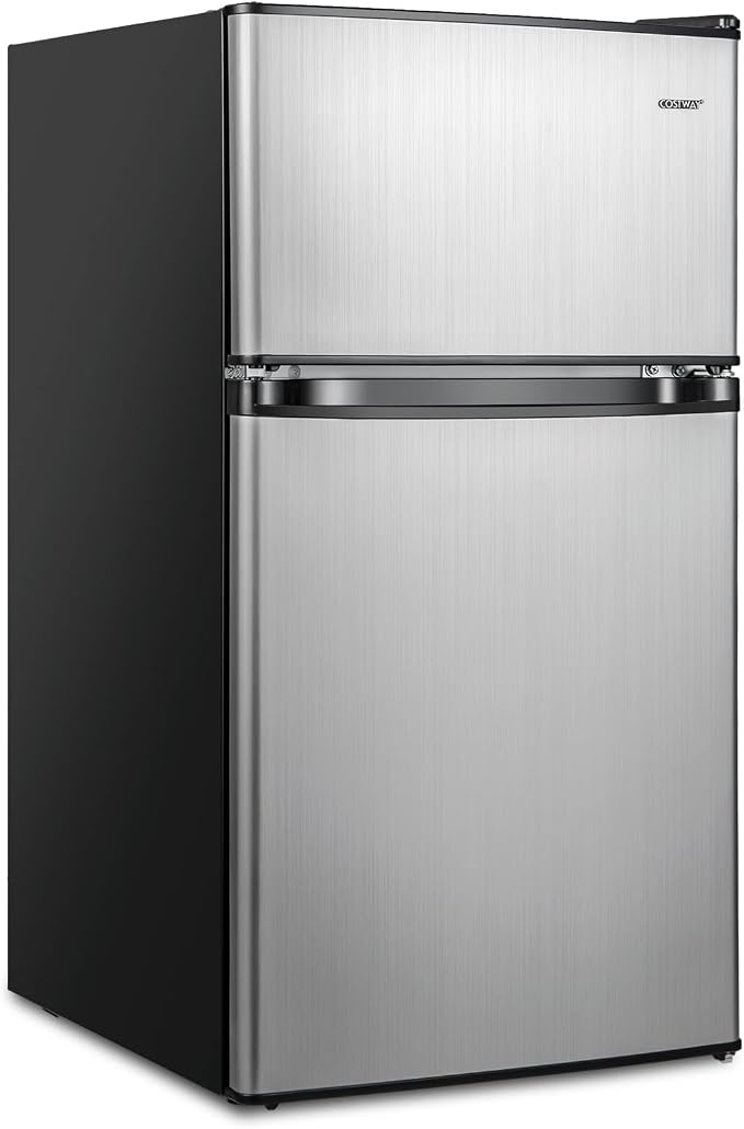COSTWAY 3.2 Cu.Ft. Mini Fridge with Freezer, 2 Door for Office Bedroom Dorm | Compact Small Refrigerator with Reversible 2 Door, Adjustable Thermostat, Removable Glass Shelves for Food & Drink, Silver by COSTWAY