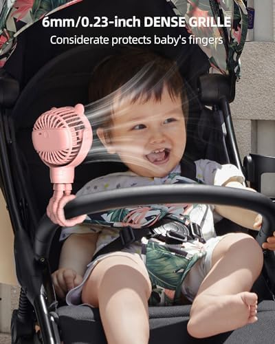 buywoo Portable Stroller Mini Fan, Small Rechargeable Personal Cooler w/ 360° Rotation, Baby Essentials for Car Seat, Crib, Bike, Treadmill, 3-Speed Battery Powered Stroller Accessories, Pink - Image 2