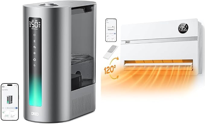 Bundle of DREO 6L Smart Humidifier, Warm & Cool Mist Humidifier for Bedroom, Top Fill, Run Time 60 Hours, + Wall Heater, Smart Space Heater for Bedroom 1500W, 120° Vertical Oscillation, Thermostat by DREO