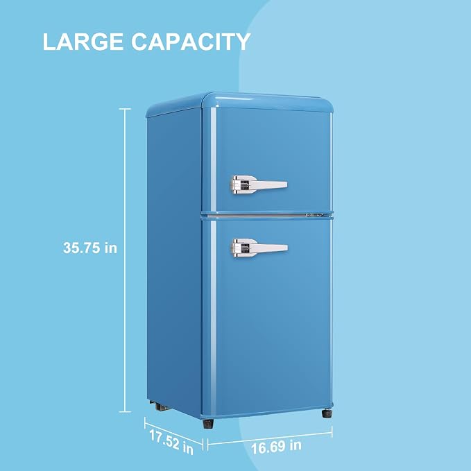 Fridge with Freezer, 3.2 Cu.Ft Retro Double Door Refrigerator with 7 Level Thermostat, Adjustable Removable Glass Shelves for Bedroom Office Apartment Dorm Bar (BLUE, 3.2 Cu.Ft.) - Image 7