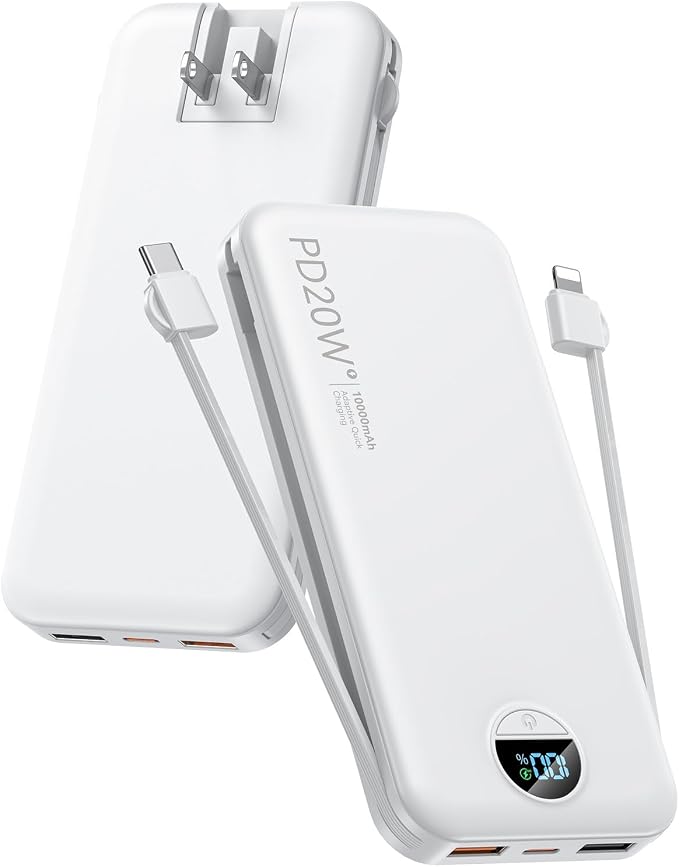 Portable Phone Charger, 10000mAh PD20W Fast Charging Power Bank with Built-in Cables & Wall Plug, External Battery Bank with LED Display, Travel Essential Battery Pack for iPhone, iPad, Samsung White by CITICR
