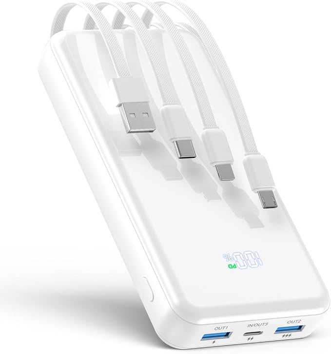Portable Charger,50000mAh Power Bank Built-in Cable, 22.5W PD USB C In & Out Fast Charging, External Battery Pack with 6 Output & 2 Input, Travel Phone Charger for iPhone 17/16/15/14/13/12(White) by YILANS