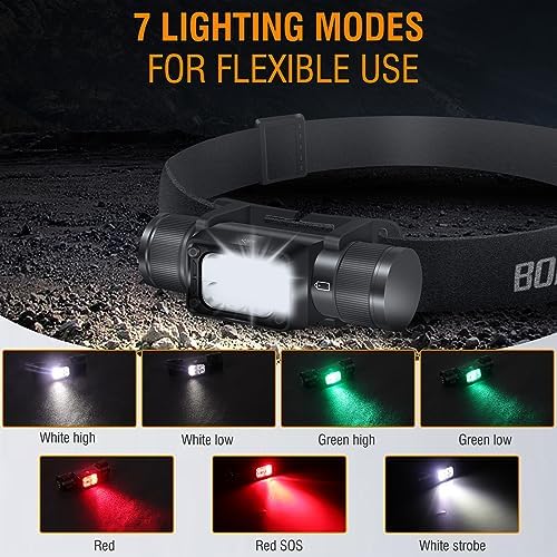 BORUIT HP360 LED Rechargeable Headlamp with White Green Red Light,Super Bright Head Lamp Flashlight,IP67 Waterproof,7 Working Modes,Suitable for Adults Running Camping Hiking Fishing - Image 3