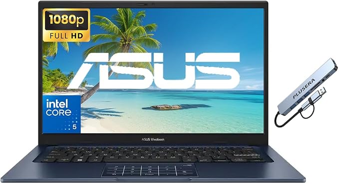 ASUS Vivobook 14" FHD Business Laptop Computer, Intel Core 5 120U (10-core) Processor, 16GB RAM 1TB SSD, Windows 11 Pro, AI Copilot, Camera Privacy Shutter, PLUSERA 8-in-1 Hub Included, Quiet Blue by Unknown