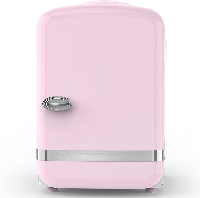 Electactic Mini Fridge for Skincare, 4L/6 Cans Portable Compact Cosmetic Fridge, Retro Desktop Fridge with AC/DC Adapters, Small Cooler and Warmer for Beverage, Makeup, Bedroom, Office, Kids, Pink by Electactic