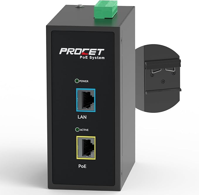 PROCET 10 Gbps Gigabit PoE+ Injector Din Rail, 30W Industrial PoE Adapter by PROCETPOESystem
