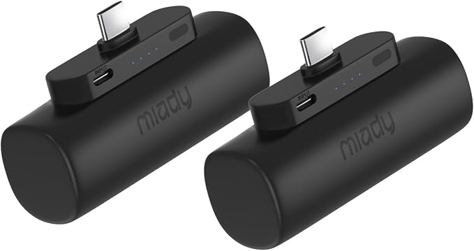 Miady 2-Pack 5000mAh Mini Portable Charger with Built-in Type C Connector, 5V 2.4A USB-C Output Fast Charging Small Power Bank Compatible with iPhone 17/16 Galaxy S24/S22 iPad (2 Black) by Miady