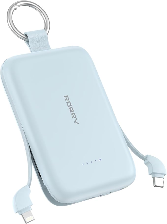 RORRY Portable Charger, 10000mAh PD 30W Fast Charging Portable Charger Power Bank with Built-in Cables, Travel Keychain Charger Battery Pack for iPhone 17/16/15/14/13/12, for AirPods 2/3/4/Pro, Blue by RORRY