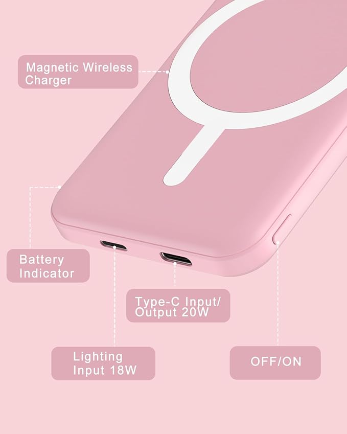 podoru for Magsafe Battery Pack, 5000mAh Magnetic Power Bank with Type-C Cable 20W PD Fast Charging Lighting Input Wireless Portable Charger for iPhone 17/16/15/14/13/12/ All Series-Pink - Image 6