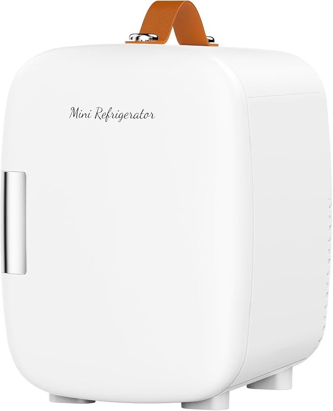 DUMOS Mini Fridge for Bedroom, 4L Compact Personal Fridge Cooler For Skincare, Drinks, And Snacks, Fits 6 Cans, Mini Refrigerator with 110V Ac/12V Dc, Ideal For Car, Dorm, White by DumosLifestyle