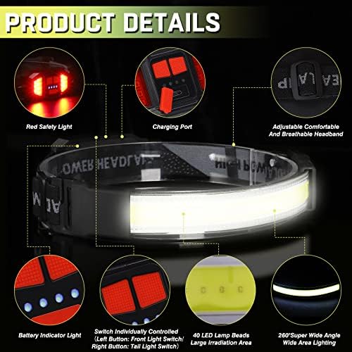 Headlamp Rechargeable,Ultra Bright Upgrade 1500 Lumens 6 Modes Head Lamp Led Rechargeable with Taillight(Individual Control),230°Wide Beam Waterproof Headlamps for Adults Outdoor Camping Running - Image 6