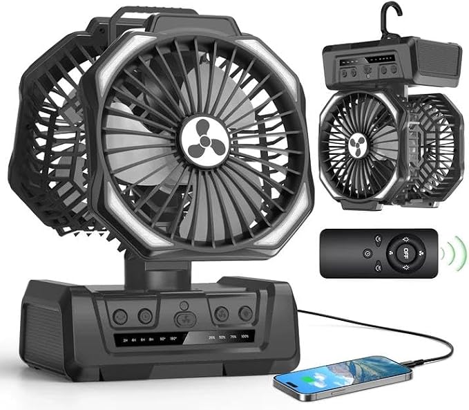 Dual Head Portable Rechargeable Fan 20000mAh Battery Powered Fan Camping Cordless with 360° Air Delivery, LED Lantern & Remote, Auto Oscillation, Battery Operated for Tent Office Travel Picnic Jobsite by OnlyNewforYourLife