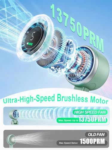 Portable Handheld Turbo Fan, 5 Gear Wind, Battery Operated, Up to 13 Working Hours Rechargeable Fan, 3 IN 1 Hand Fans with Air Turbo Tech Cooling Fan for for Travel, Beach, Outdoor - Green - Image 2