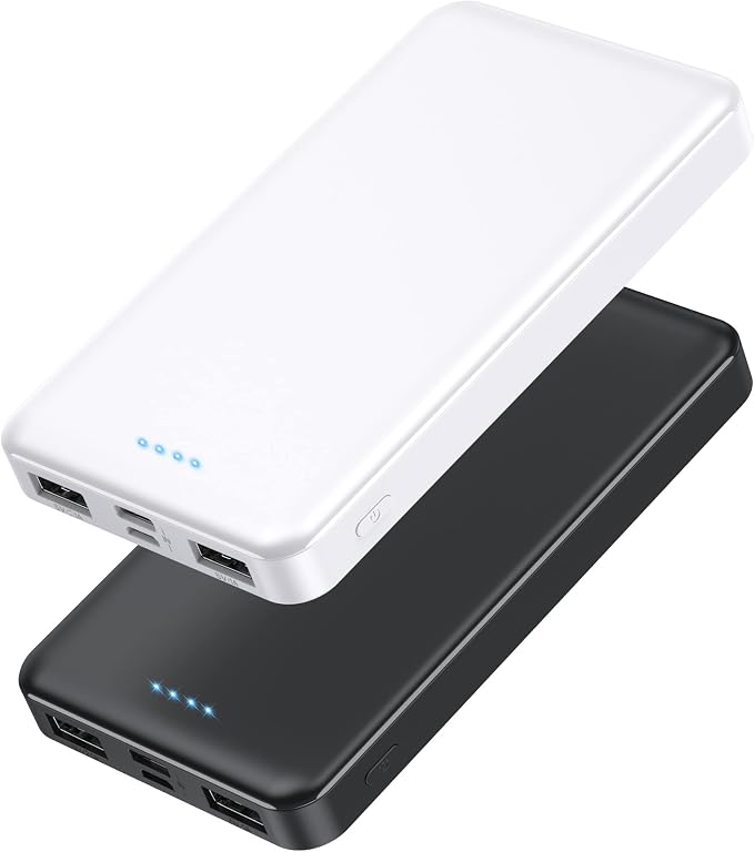 [2 Pack] Portable Charger Power Bank 10000mAh,Ultra Slim Compact External Battery Pack with USB C Input & Dual USB Outputs Backup Charger Compatible with iPhone 13,12, Samsung S20,Tablet -Black+White by AONIMI