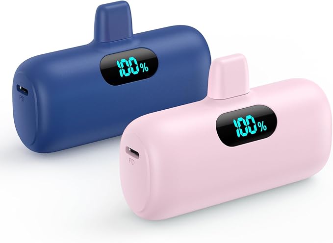 [2 Pack] Small Portable Charger for iPhone,Upgraded 5000mAh PD Fast Charging Power Bank, LCD Display Cute Mini Battery Pack Compatible with iPhone 14/14 Pro Max/13/13 Pro/12 Pro/11/XR/X/8,Blue+Pink by Feob