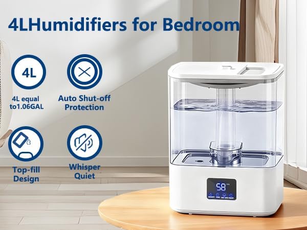 KZF 4L Top Fill Humidifiers for Bedroom & 60H Runtime - Cool Mist Humidifier, 3 Mist Levels, 8H Timer, Essential Oil Tray, Humidity Display, Quiet for Bedroom, Baby, Plants, Large Room (White, 4L) - Image 2