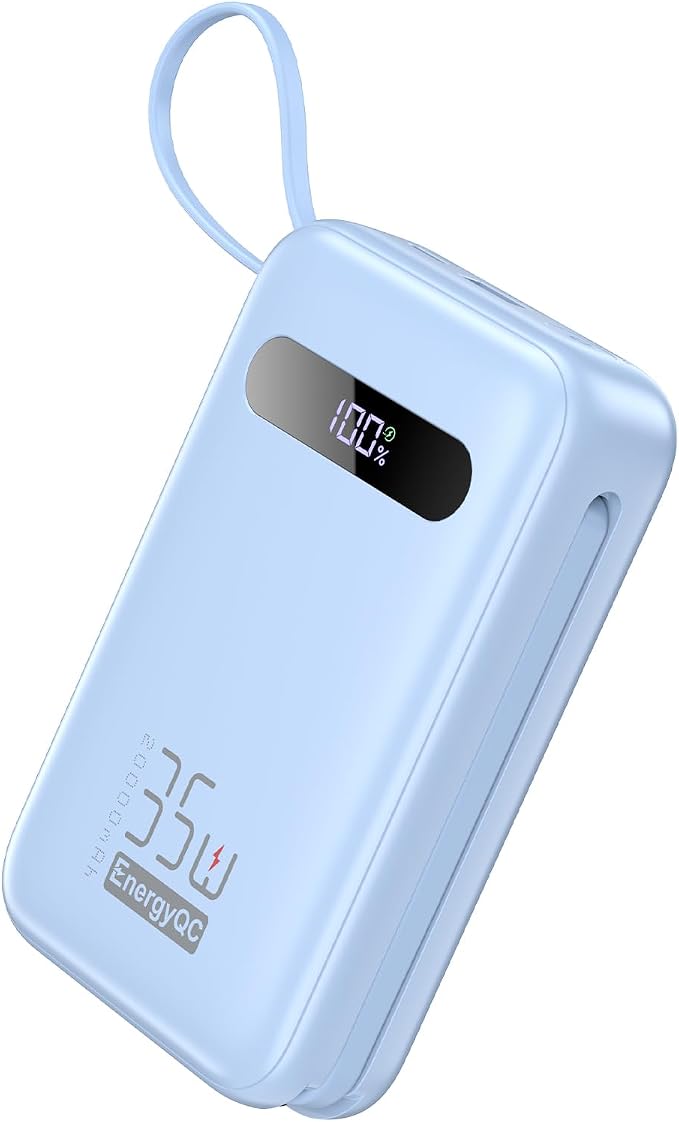 EnergyQC 20000mAh Portable Charger, 35W PD 3.0+QC 4.0 Fast Charging Power Bank with Built-in Lightning & USB-C in&Out Cables, Travel Battery Pack for iPhone 16/15/14/13, Samsung, iPad, Android, Blue by EnergyQC