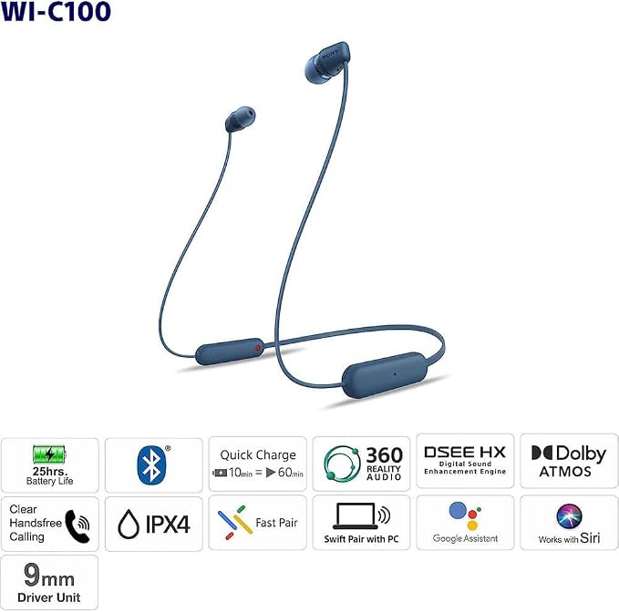 Sony WI-C100 Wireless in-Ear Bluetooth Headphones with Built-in Mic, Black | Up to 25 Hrs of Battery, Clear Hands-Free Calling, Easy Button Operation, Flexible Neckband, IPX4 Water Resistant - Image 8