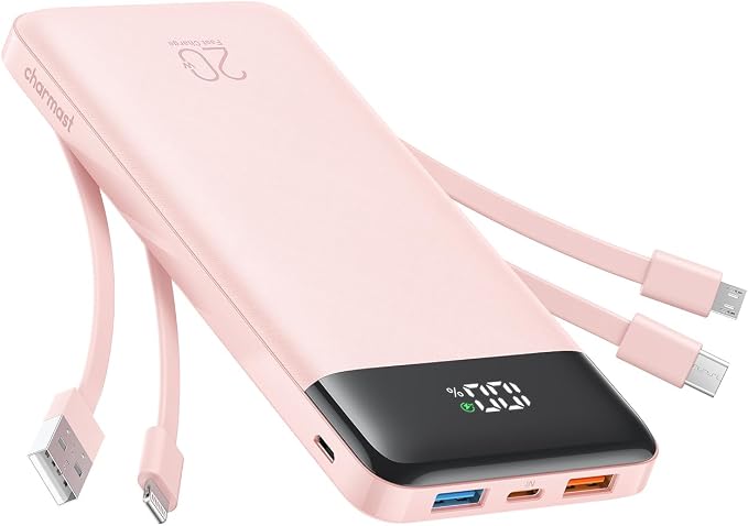 charmast 20000mAh Portable Charger with Built in Cables, 22.5W Travel Power Bank Fast Charging, USB C Cell Phone Battery Pack for iPhone 17/16/15/14/13/12 Series, iPad, Samsung, Android, Tablet by Charmast