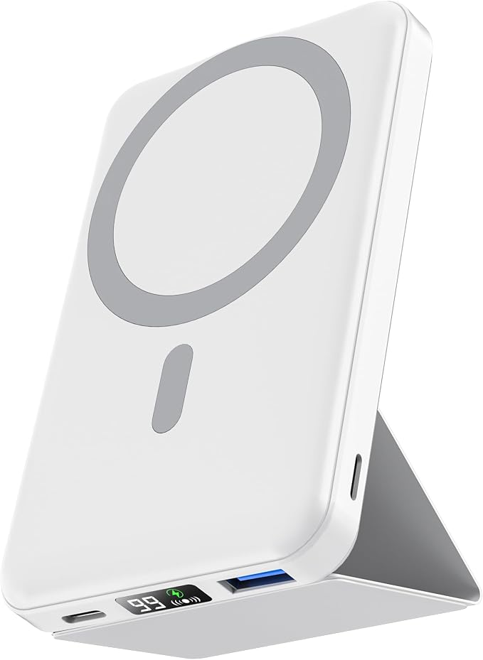 podoru for Magsafe Battery Pack, Foldable 10000mAh Magnetic Power Bank with USB-C Cable LED Display 22.5W PD Fast Charging Wireless Portable Charger for iPhone 17/16/15/14/13/12 Series-White by PodoruPowerBank