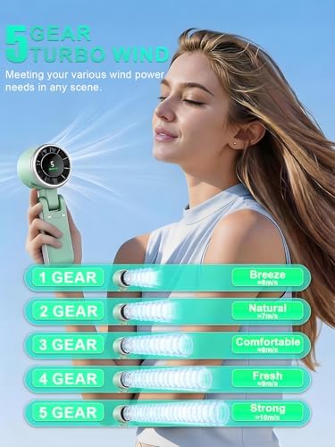 Portable Handheld Turbo Fan, 5 Gear Wind, Battery Operated, Up to 13 Working Hours Rechargeable Fan, 3 IN 1 Hand Fans with Air Turbo Tech Cooling Fan for for Travel, Beach, Outdoor - Green - Image 3