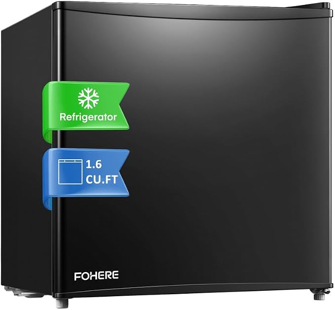 FOHERE Mini Fridge with Freezer, 1.6 Cu.ft Compact Small Drinks Refrigerator for Bedroom Single Door, Energy Saving 7-Level Adjustable Thermostat Dorm Fridge, for Apartment, Black by HOME