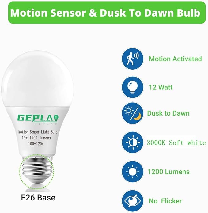 GEPLAD 4-Pack Outdoor Motion Sensor LED Light Bulbs, 12W Dusk to Dawn Bulb - Image 6