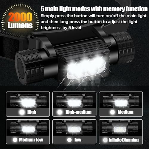 Headlamp Rechargeable, 2000 Lumen Super Bright LED Head Lamp for Adults, IP67 Waterproof Rechargeable Headlight with 9 Modes, Head Flashlight with 2600 mAh for Outdoor Camping Hiking Fishing Running - Image 2