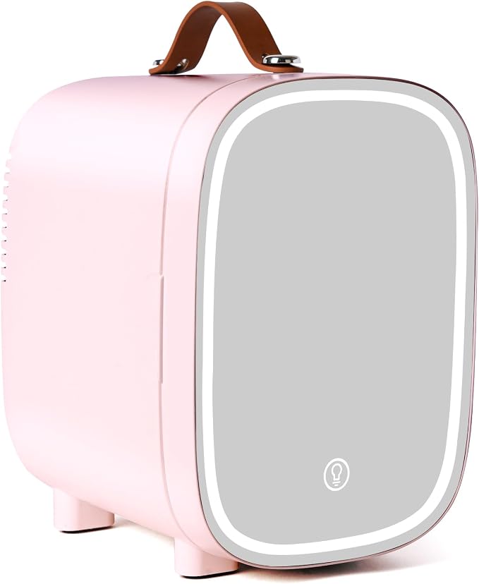 Mini Fridge for Bedroom, 4 Liter/6 Can Skincare Fridge With LED Mirror & Leather Carrying Handle,12v AC/DC Cooler & Warmer Portable Small Refrigerator for Drinks, Makeup, Dorm, Office and Car(Pink) by FANSEXPERT