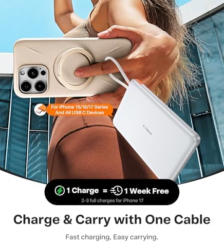 TORRAS Power Bank with Built-in USB-C Cable (No-Wireless), Ultra-Slim 10,000mAh Portable Charger USB C, 22.5W Fast Charging Battery Pack for iPhone 17/16/15 Series, Phone air, Galaxy, Pixel, White - Image 5