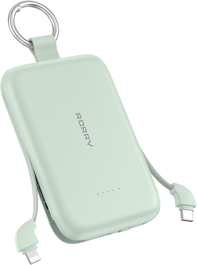 RORRY Portable Charger, 10000mAh PD 30W Fast Charging Portable Charger Power Bank with Built-in Cables, Travel Keychain Charger Battery Pack for iPhone 17/16/15/14/13/12, for AirPods 2/3/4/Pro, Green by RORRY
