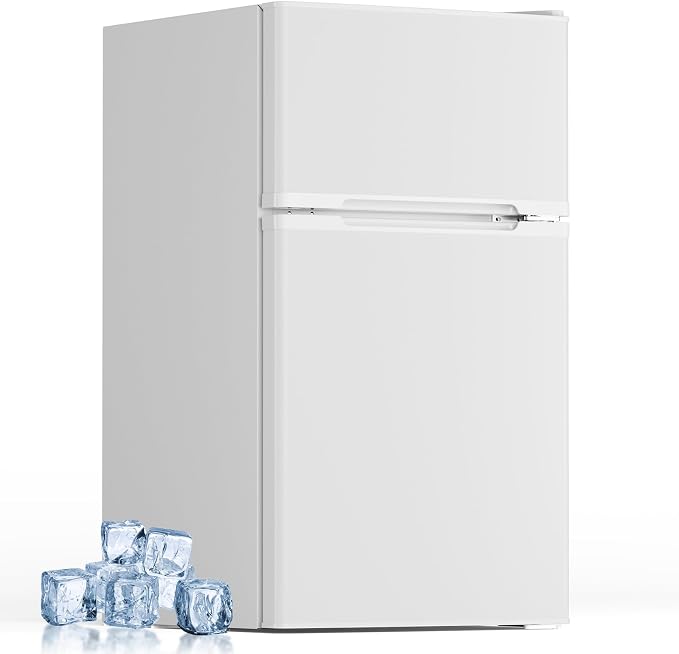 Electactic 3.2 Cu.Ft Mini Fridge with Freezer for Bedroom, Office, White | 2 Reversible Doors, Adjustable Thermostat & Removable Glass Shelves, Energy Saving, Compact Small Refrigerator for Apartment by Electactic