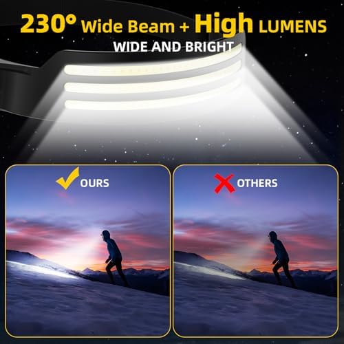 Headlamp Rechargeable 3PCS, Motion Sensor 230° COB Head Lamp, Headlights for Forehead, Hard hat Light for Adults, LED Headband Flashlight for Work, Hiking, Running, Camping Essentials Gear - Image 4