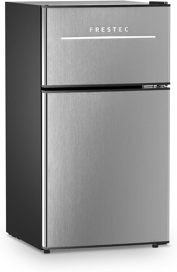 Mini Fridge with Freezer 3.2 Cu.Ft. 2 Door Refrigerator and Freezer Small Fridge for Bedroom Home Office Dorm, Small Drink Chiller, Adjustable Thermostat,37 dB Low Noise, Stainless Steel by Frestec