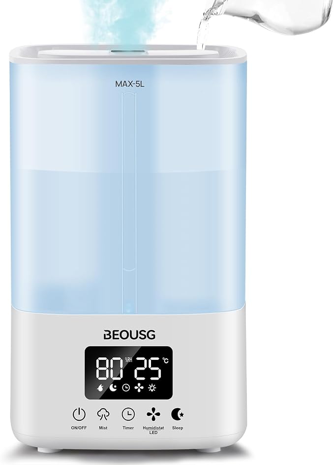 5L Top Fill Ultrasonic Humidifier,Cool Mist Humidifiers with Timer & Humidity Control for Bedroom, Baby, Large Rooms & Plants (White-2) by BEOUSG