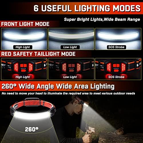 Rechargeable Headlamp,Super Bright 1500 Lumens 6 Modes Head Lamp Led Rechargeable with Tail Red Light,Wide Beam Led Headlamp Waterproof for Adults Outdoor Camping Hiking Hunting Accessories - Image 3