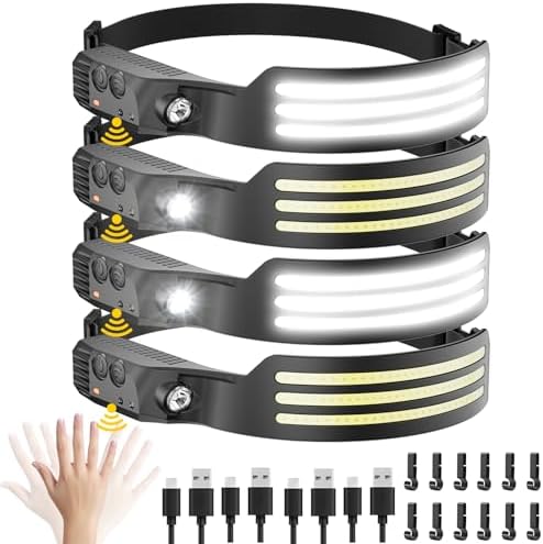 Headlamp Rechargeable 4PCS, Motion Sensor 230° COB Head Lamp, Headlights for Forehead, Hard hat Light for Adults, LED Headband Flashlight for Work, Hiking, Running, Camping Essentials Gear by Unknown